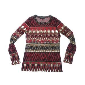 Vintage Y2k Karen Kane Geometric Tribal Print Mesh Top Size S Red Boho Festival